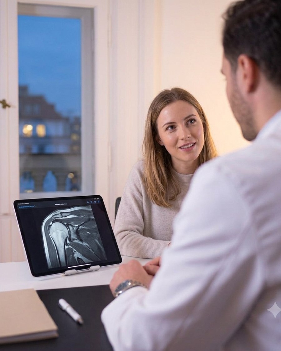 Ärztliche Befundbesprechung anhand von Bildgebung vor der Stoßwellentherapie